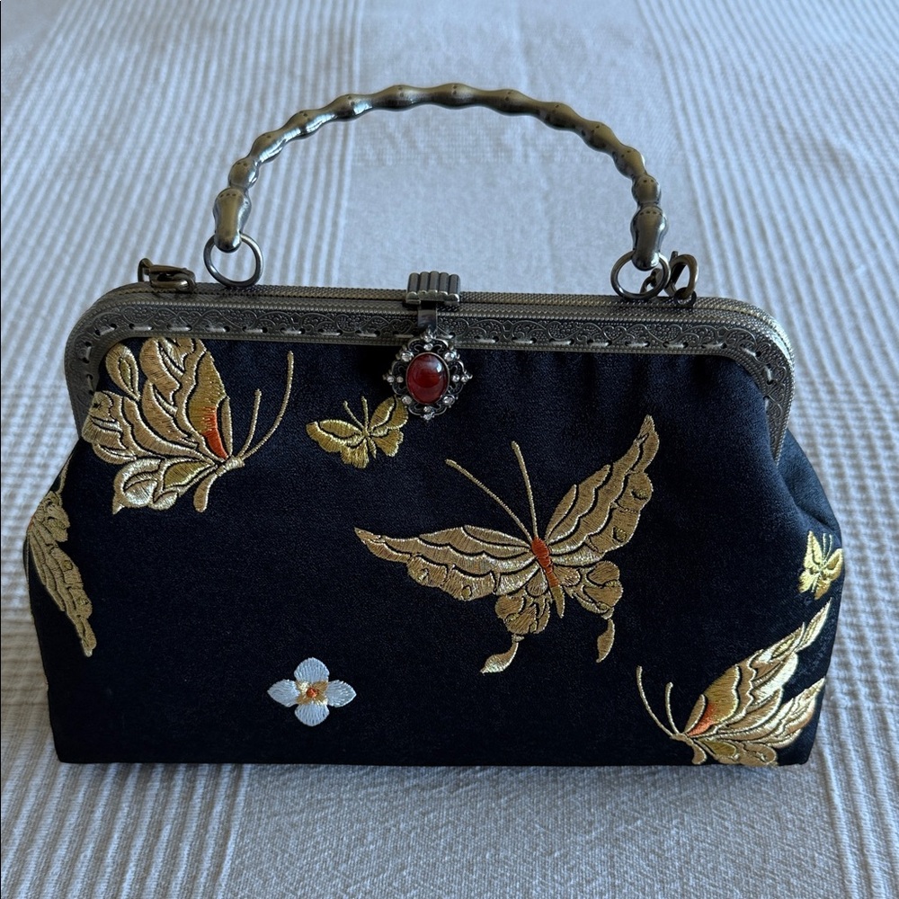 BNNW Vintage Style BlackSilk and Gold Butterfly Embroidered Handbag.